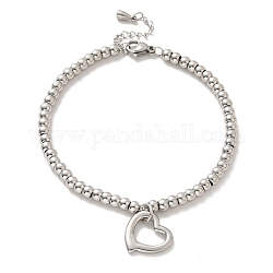 304 bracelet breloque coeur en acier inoxydable avec 201 perles rondes en acier inoxydable pour femme, couleur inoxydable, 8-3/4 pouce (22.2 cm)