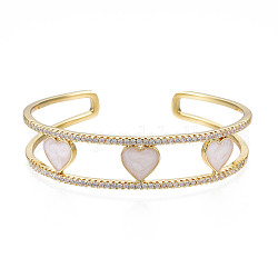 Enamel Heart Open Cuff Bangle with Clear Cubic Zirconia, Real 18K Gold Plated Brass Jewelry for Women, Creamy White, Inner Diameter: 2-1/4 inch(5.8cm)