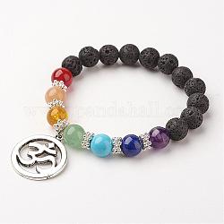 Bracelets de perles de pierres précieuses, chakra bracelets extensibles, avec les accessoires en alliage, bague avec symbole om, colorées, 58 mm (2-1/4 pouces)