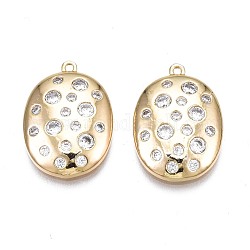 Brass Micro Pave Clear Cubic Zirconia Pendants, Nickel Free, Oval, Real 18K Gold Plated, 19x13.5x3mm, Hole: 1mm