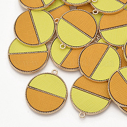 Eco-Friendly Cowhide Leather  Pendants, with Golden Plated Alloy Cabochon Settings, Two Tone, Flat Round, Yellow, 33x28.5x2mm, Hole: 1.8mm