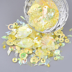 Ornament Zubehör, PVC-Kunststoff paillette / Pailletten Perlen, Mischformen, Gelb, 4~40x2.5~16x0.3~1.5 mm, Bohrung: 1~1.6 mm