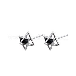 925 Sterling Silver Stud Earrings, with Rhinestone, Hollow, Star, Silver, Jet