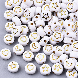Opaque Acrylic Beads, Flat Round with Mixed Patterns, Golden Plated, White, 7x4mm, Hole: 1.6mm, about 1850pcs/250g