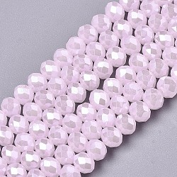 FilI di perline in vetro placcato, perle di imitazione giada, lustro di perla placcato, sfaccettato, rondelle, roso, 4x3mm, Foro: 0.4 mm, circa 123~127pcs/filo, 16.5~17.3 pollice (42~44 cm)