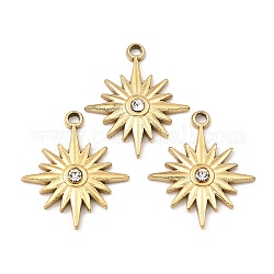 Ion Plating(IP) 316 Stainless Steel with Rhinestone Pendants, Sun Charm, Real 24K Gold Plated, 19.5x16.5x2.5mm, Hole: 1.6mm
