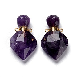 Natural Amethyst Perfume Bottle Pendants, with Golden Brass Findings, Faceted, Rhombus, 27mm, Hole: 1.4mm