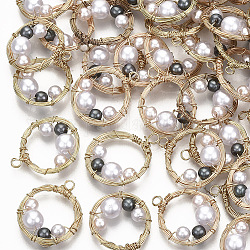 Pendentifs en plastique imitation perle ABS, avec fil en laiton plaqué or clair, anneau, couleur mixte, 21~23x16.5~18.5x6mm, Trou: 1.6~2mm