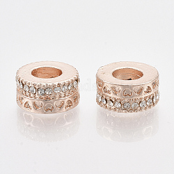 Perlas europeas de aleación chapada en oro rosa, con diamantes de imitación, Abalorios de grande agujero, plano y redondo con corazón, cristal, 10x5mm, agujero: 5 mm