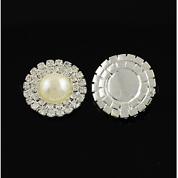 Shining Flatback Half Round Brass ABS Plastic Imitation Pearl Cabochons, with Grade A Crystal Rhinestones, Silver Color Plated, Creamy White, 24x7mm