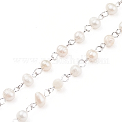 Chaînes de perles de perles d'eau douce naturelles faites à la main, avec accessoires en 304 acier inoxydable, non soudée, couleur inoxydable, 6~8x5~6mm, environ 3.28 pied (1 m)/fil