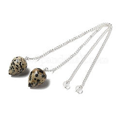 Pendules de radiesthésie en jaspe dalmatien naturel, avec des chaînes en fer argenté, pendentif en forme de goutte, 235mm, Trou: 1.6mm