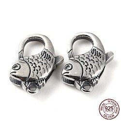 925 Thailand Sterling Silver Lobster Claw Clasps, Fish, with 925 Stamp, Antique Silver, 16x12x4.5mm, Hole: 1.2mm
