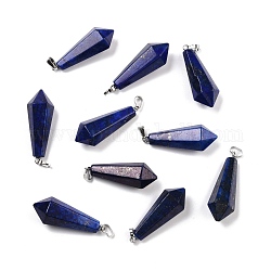 Lapis-lazuli naturelles ont fait pendentifs, avec boucles en laiton plaqué platine, balle, 35.3~38x13~14mm, Trou: 6.5x2.8mm