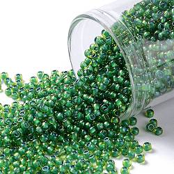 Cuentas de semillas redondas toho, Abalorios de la semilla japonés, (947) color interior verde lima / verde opaco rayado, 11/0, 2.2mm, agujero: 0.8 mm, aproximamente 5555 unidades / 50 g