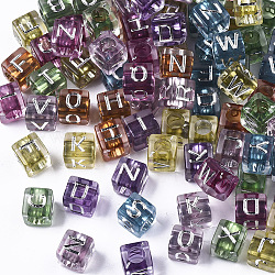 Transparent Acrylic Beads, Horizontal Hole, Cube with Letter, Silver Plated, Mixed Color, 6x6x6mm, Hole: 3mm, about 2900pc/500g
