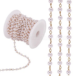 Cadena de perlas de imitación de plástico, con cadenas tipo cable de latón chapado en oro, soldada, con carrete, para la fabricación de la joya, whitesmoke, 4mm, aproximadamente 32.81 pie (10 m) / rollo