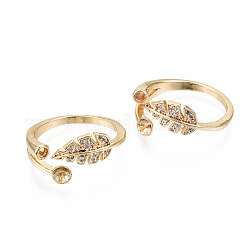 Brass Micro Pave Clear Cubic Zirconia Peg Bails Cuff Finger Ring Settings, for Half Drilled Bead, Nickel Free, Leaf, Real 18K Gold Plated, US Size 8 1/2(18.5mm), Pin: 0.7mm