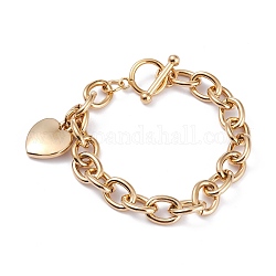 Vacuum Plating 304 Stainless Steel Charm Bracelets, with Toggle Clasps, Heart, Golden, 8 inch(20.2cm)