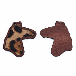 Grands pendentifs en cuir de vachette écologique, avec du bois teint, tête de cheval avec motif imprimé léopard, chameau, 53.5x42x3mm, Trou: 2mm