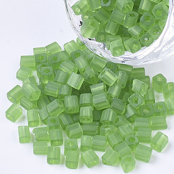 6/0 transparentes perles de rocaille en verre, dépoli couleurs, trou carré, cube, verte, 6/0, 3~5x3~4x3~4mm, Trou: 1.2~1.4mm, environ 4500 pcs / sachet 