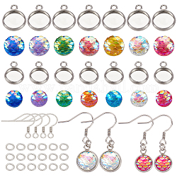 CHGCRAFT DIY Flat Round with Fish Scale Dangle Earring Making Kits, Including Resin Cabochons, 304 Stainless Steel Pendant Cabochon Settings & Earring Hooks, Stainless Steel Color, 494pcs/box