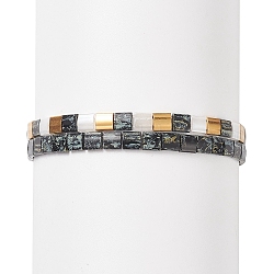 Ensemble de bracelets extensibles perlés rectangle de graine de verre 2pcs 2, bracelets de tuiles pour femmes, noir, diamètre intérieur: 2-1/8 pouce (5.45 cm), 1pc / style