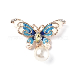 Farfalla con perno in plastica smaltata imitazione perla, spilla in lega leggera oro con strass crystal per abiti zainetto, blu, 43mm
