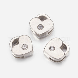 Alloy Rhinestone Slide Charms, Cadmium Free & Lead Free, for Valentine Gifts, Heart, Platinum Color, Size: about 13mm wide, 13.3mm long, 5.4mm thick, hole: 1.5mm wide, 8mm long