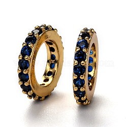 Perles européennes en laiton avec zircone cubique de micro pave, Plaqué longue durée, véritable 18k plaqué or, Perles avec un grand trou   , anneau, bleu, 10x1.8mm, Trou: 6mm