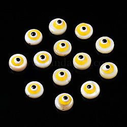 Natürlichen Süßwasser-Muschelperlen, mit Emaille, flach rund mit bösen Blick, Gelb, 6x3~4 mm, Bohrung: 0.8 mm