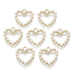 Charms in lega, con perla in plastica imitazione abs, cuore, bianco, oro chiaro, 13x12.5x2.5mm, Foro: 1.4 mm