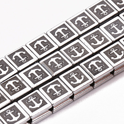 Electroplate Non-magnetic Synthetic Hematite Beads Strands, Square with Anchor, Platinum Plated, 8x8x5mm, Hole: 2mm, about 50pcs/strand, 15.7 inch