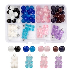 Kit de búsqueda de fabricación de joyas de diy, incluyendo cuentas redondas ojo de gato y colgantes de resina de oso, color mezclado, 72 unidades / caja