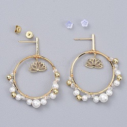 Orecchini pendenti, con perline di vetro, anelli di collegamento in ottone e dadi in plastica, anello con fiore di loto, oro, 50mm, ago :0.8mm