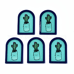 Pendentifs acryliques imprimés, avec de la poudre de paillettes, demi-ovale avec cactus, turquoise, 40x25.5x2.5mm, Trou: 1.5mm