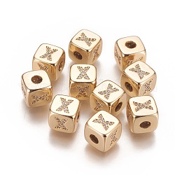 Brass Micro Pave Cubic Zirconia Beads, Horizontal Hole, Real 18K Gold Plated, Long-Lasting Plated, Cube with Letter, Clear, Letter.X, 9x9x9mm, Hole: 3.5mm