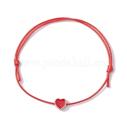 Pulsera de cuentas trenzadas con corazón de esmalte de aleación, pulsera ajustable con cordones de poliéster encerado, rojo, diámetro interior: 3-3/8 pulgada (8.5 cm)