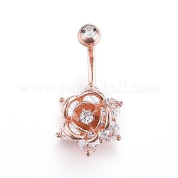 Piercing Jewelry, Brass Cubic Zirciona Navel Ring, Belly Rings, with 304 Stainless Steel Bar, Rose, Rose Gold, 27x14mm, Bar: 15 Gauge(1.5mm), Bar Length: 3/8