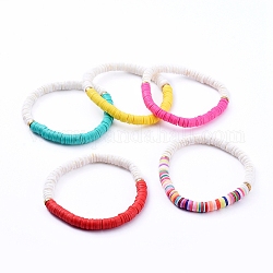 Bracelets élastiques, perles de heishi en pâte polymère faites main, perles de coquillage naturel et perles d'espacement en laiton, couleur mixte, 2-1/8 pouce (5.5 cm)