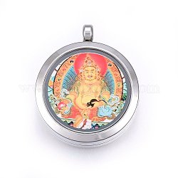 304 Stainless Steel Locket Pendants, with Glass, Flat Round with Buddha & Dorje Vajra Pattern, Colorful, Stainless Steel Color, 37x31x10mm, Hole: 4mm, Inner Diameter: 24mm