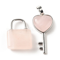 Ciondoli quazo rosa naturale, con i risultati in ottone tono platino, chiave e serratura, 27~36.5x17~19.5x6.5~7mm, Foro: 8~9x5~9 mm