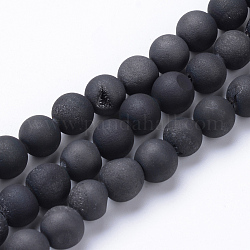 Chapelets de perles en agate de géode naturelle druzy électrolytique, Style mat, ronde, noir plaqué, 8~9mm, Trou: 1mm, Environ 46 pcs/chapelet, 15.3 pouce