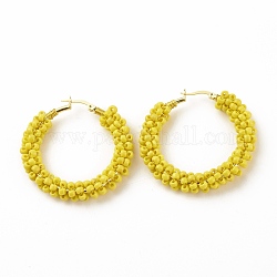 Glass Seed Beaded Hoop Earrings for Women, Real 18K Gold Plated Big Circle Brass Hoop Earrings, Gold, 44x45x8.5mm, Pin: 1.4x0.4mm