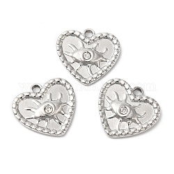 304 Stainless Steel Pendants, with Crystal Rhinestone, Heart with Eye Charms, Stainless Steel Color, 15.5x14.5x2.5mm, Hole: 1.6mm