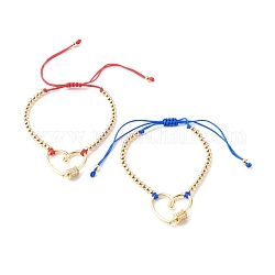 Adjustable Nylon Thread Braided Bead Bracelets Sets, with Brass Micro Pave Clear Cubic Zirconia Screw Carabiner Lock and Beads, Heart, Blue, Inner Diameter: 2-1/4~3-5/8 inch(5.6~9.2cm), 2pcs/set