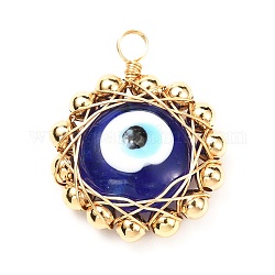 Pendentifs ronds plats au chalumeau mauvais œil, avec des perles en laiton, bleu foncé, 28x22.5x8mm, Trou: 3mm