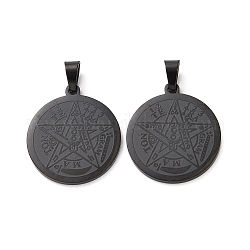 Religion 304 Edelstahl flache Runde, Tetragrammaton Pentagramm Wicca Anhänger, Elektrophorese schwarz, 27x24x2 mm, Bohrung: 8x4 mm