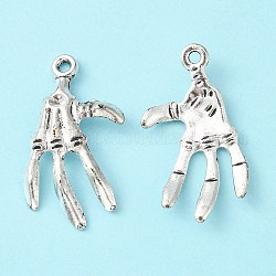 Tibetan Style Alloy Skeleton Hand Pendants for Halloween, Antique Silver, Lead Free & Cadmium Free, 32x19x3mm, Hole: 2mm