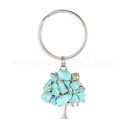 Chip Synthetic Turquoise Keychain, with Antique Silver Plated Alloy Pendants and 316 Surgical Stainless Steel Split Key Rings, Tree, 55mm